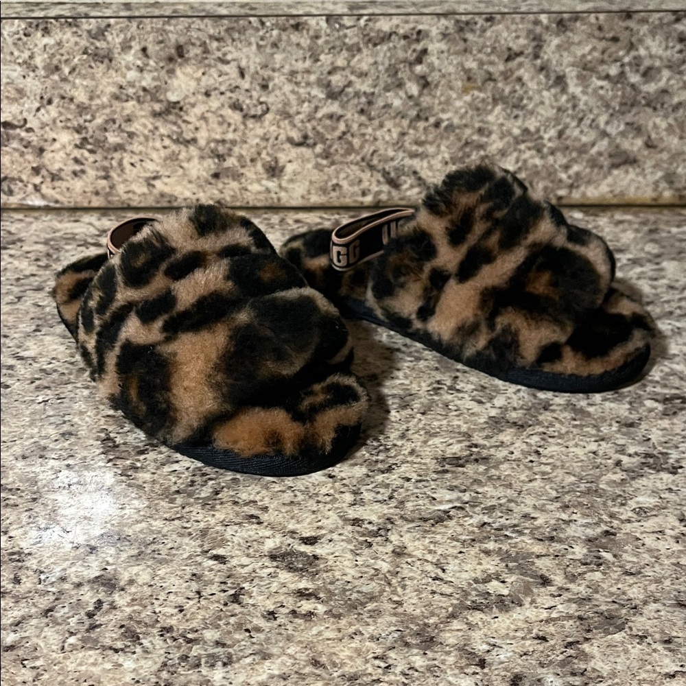 UGG Brown Leopard Fuzzy Slippers